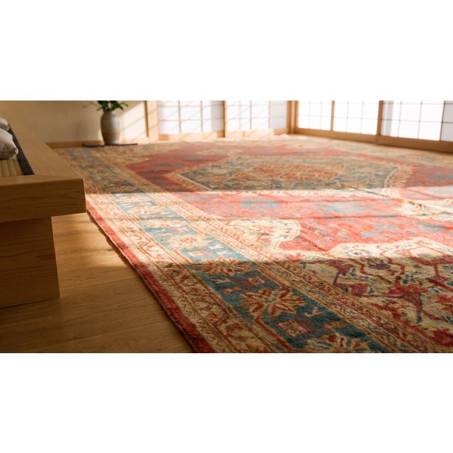 Red 1930s Red-Green Medallion Antique Turkish Oushak Rug 12' X 23' Handknotted Wool Carpet For Sale - Image 8 of 10