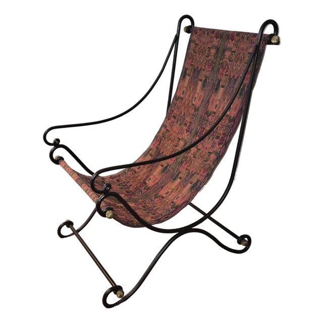 1980s Attributed to David Hicks Wrought Iron Tapestry Sling Chair With Brass Finials For Sale