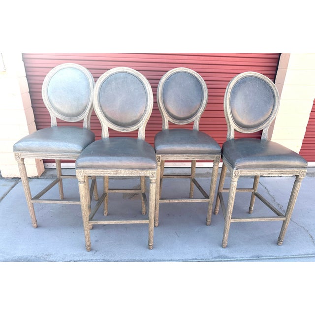 Restoration Hardware Pair of Restoration Hardware French Contemporary Round Leather Bar Stools For Sale - Image 4 of 8