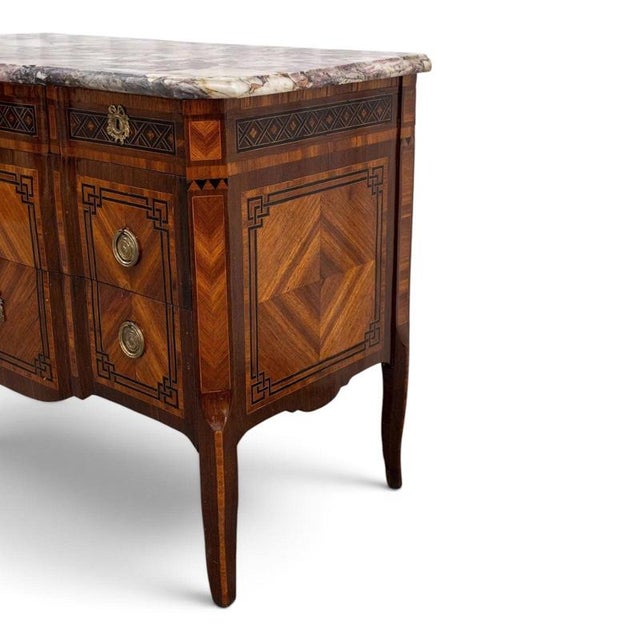 18th Century French Transition Marquetry Chest of Drawers with Marble Top, 1770 For Sale - Image 4 of 8