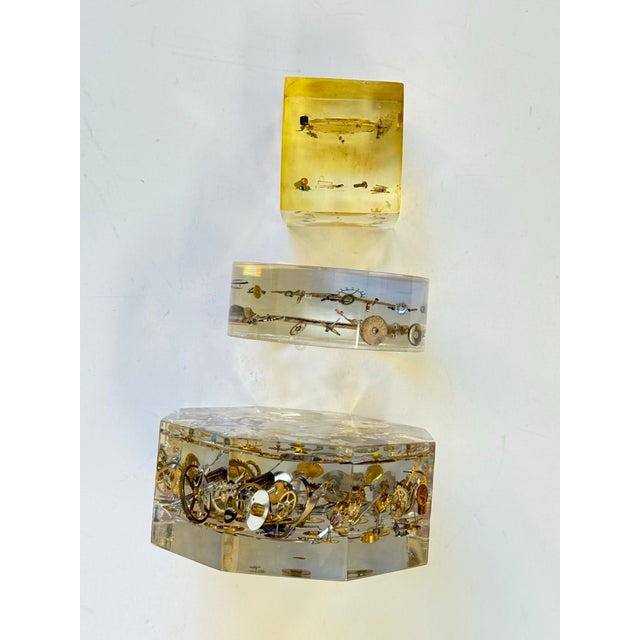 Vintage Mid-Century Lucite Exploding Watch Parts Paperweight Sculptures in the Manner of Pierre Giraudon Set of Three For Sale - Image 10 of 12