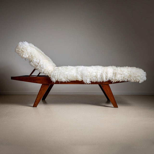 Large Mid-Century Wooden Daybed with Adjustable Headrest and Sheepskin Upholster For Sale - Image 4 of 8