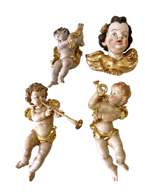 Polychrome Hand-Carved Wood Putti / Cherubs, Germany, 1960s, Set of 4