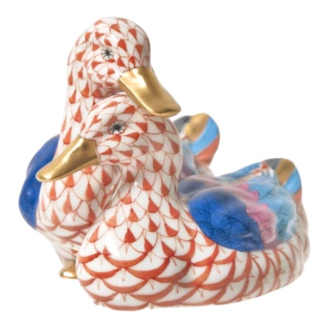 20th Century Herend Hungary Red Fishnet Porcelain Mandarin Ducks Figurine — 2.75” × 4” For Sale