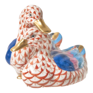 20th Century Herend Hungary Red Fishnet Porcelain Mandarin Ducks Figurine — 2.75” × 4”