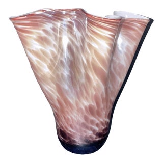 Vintage Murano Style Pink White Swirl Sculptural Hand Blown Glass Vase For Sale