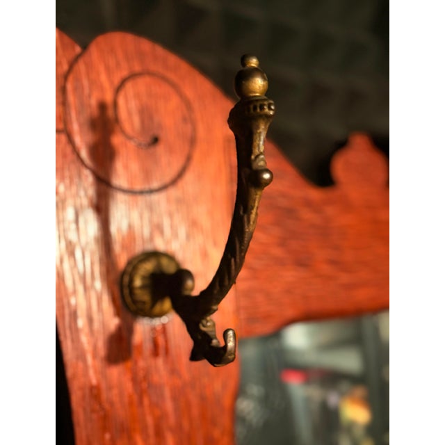 Chestnut Antique Quarter-Sawn Oak Hall Tree With Mirror, Brass Hooks & Storage Bench For Sale - Image 8 of 9