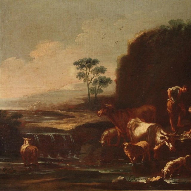 Roman School of the 17th Century, Landscape with Pastoral Scene, 1680, Oil on Canvas For Sale - Image 4 of 16