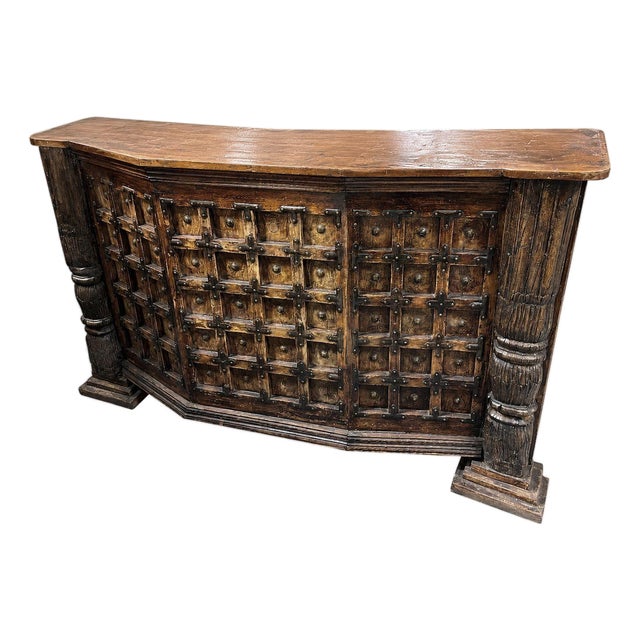 1940s Mexican Colonial Style Rustic Bar With Iron Strapwork & Carved Columns For Sale
