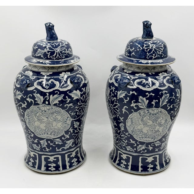 Chinese Mid 20th Century Pair of Chinese Style Blue and White Porcelain Temple Ginger Jars For Sale - Image 3 of 18