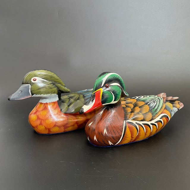 Contemporary A Pair of Artisan Wood Duck Drake & Hen Decoys For Sale - Image 3 of 12