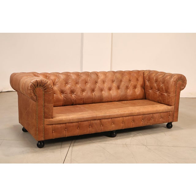 Early 21st Century Chesterfield Style 7 Foot Distressed Brown Tufted Leather Sofa For Sale - Image 5 of 17
