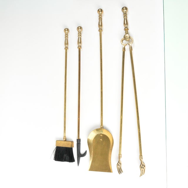 Metal Vintage Brass Fireplace Tool Set 4-Piece Set With Art Deco Stand For Sale - Image 7 of 15