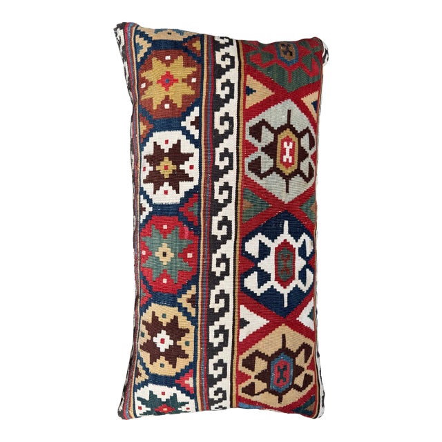 Colorful Lumbar Pillow Made From 19th Century Handwoven Wool Caucasian Kilim Rug For Sale
