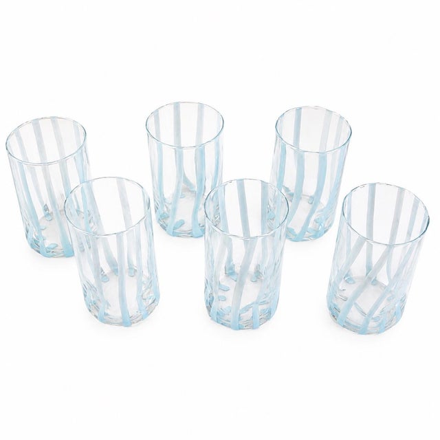 2020s Cloud Blue Striped Italian Murano Glass Tumbler Glasses With Scalloped Rim Set of 6 For Sale - Image 5 of 6