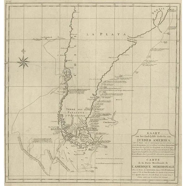 Antique map titled 'Kaart van het Zuidelykste Gedeelte van Zuider Amerika (\.) - Carte de la Partie Meridionale de...