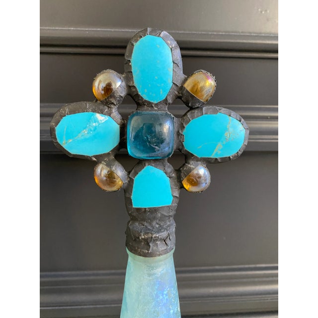 Gorgeous art glass piece incorporating natural turquoise stone, amber glass and iridescent glass. Tall, elegant and...