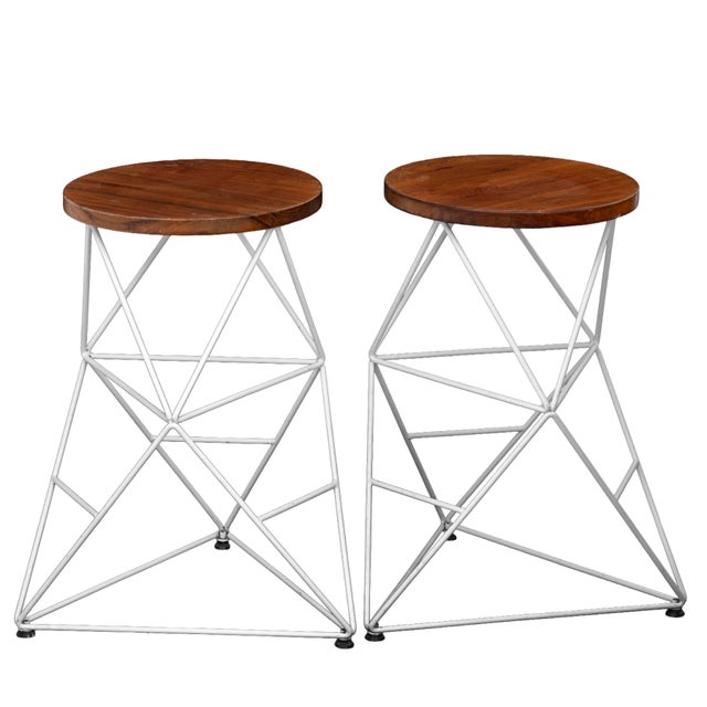 White Vintage Handcrafted Artisan Bar Stools, Pair For Sale - Image 8 of 8
