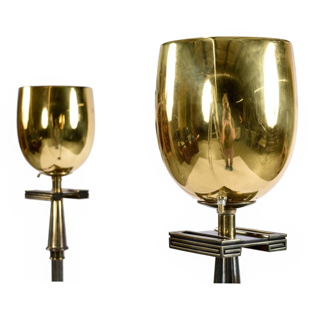 Art Deco Pair of Art Deco Regency Greek Key Brass Chalice Stiffel Torchiere Floor Lamps Set For Sale - Image 3 of 13