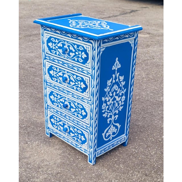 Moroccan Hand‑Painted Moroccan Nightstand / Blue and White Zoua9 Woodwork For Sale - Image 3 of 7