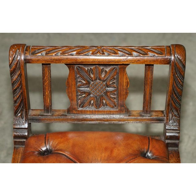Victorian Carved Hardwood and Brown Leather Chesterfield Window Seat, 1890 For Sale - Image 11 of 18
