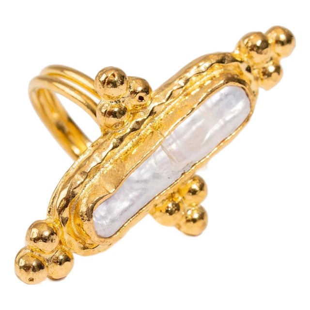 Vintage Pearl Gold Statement Adjustable Ring, Size 8 For Sale