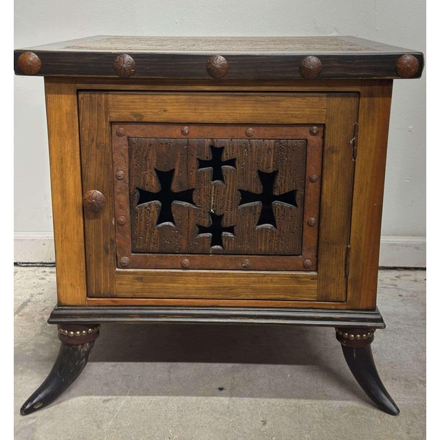 Handmade rustic style wood side table with cow horn legs; Marked "Hacienda Santa Klara Jorge Kurczyn"; Measures...