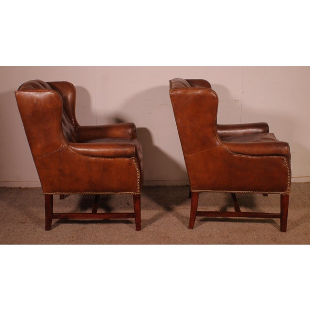 Tan Vintage Wingback Chesterfield Chairs in Brown Leather, 1990s, Set of 2 For Sale - Image 8 of 11