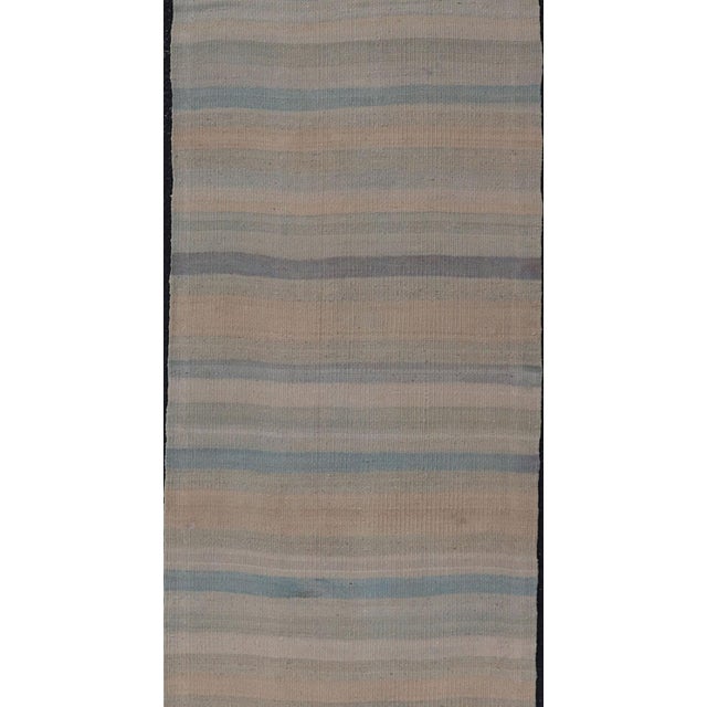 Vintage Turkish Kilim Runner Pastel Stripes Ivory Blue Beige Wool Rug For Sale - Image 9 of 11