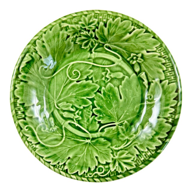 1980s Bordallo Pinheiro Green Grape Vine & Basket Weave Green Plate For Sale