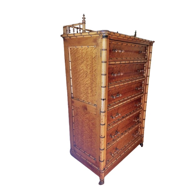 Antique Bird’s-Eye Maple Faux Bamboo Six Drawer Chest of Drawers For Sale - Image 14 of 18