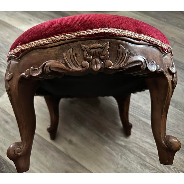 Vintage Mid 20th Century Louis XV Oval Shaped Wood and Red Velvet Upholstered Footstool For Sale - Image 9 of 11
