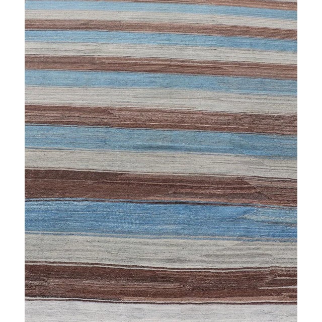 Measures: 8'4 x 11'10. Kilim Rug with Horizontal Stripes in Blue, Brown, and Soft Gray Keivan Woven Arts / rug AFG-27629,...