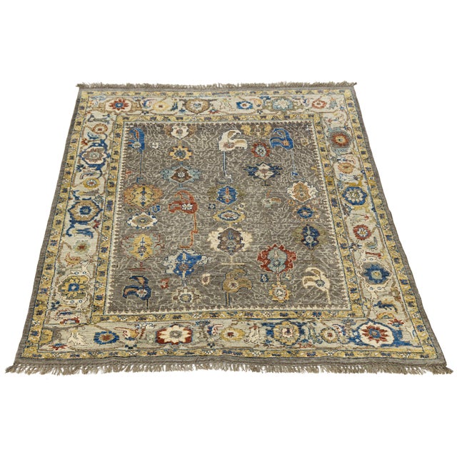 Modern Oushak Style Hand-Knotted Wool Area Rug in Taupe Grey With Vibrant Floral For Sale - Image 10 of 12