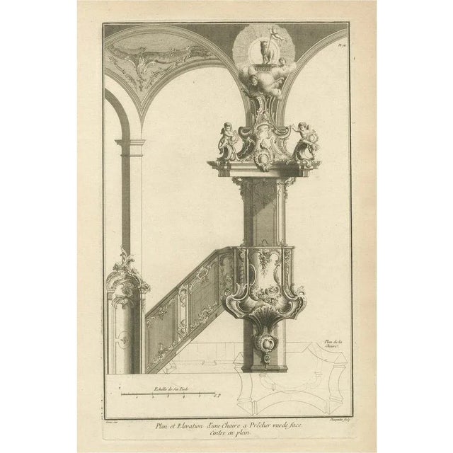 Baroque Pulpit Elevation with Ornate Archway and Balustrade, 1740, Engraving on Paper For Sale - Image 6 of 6