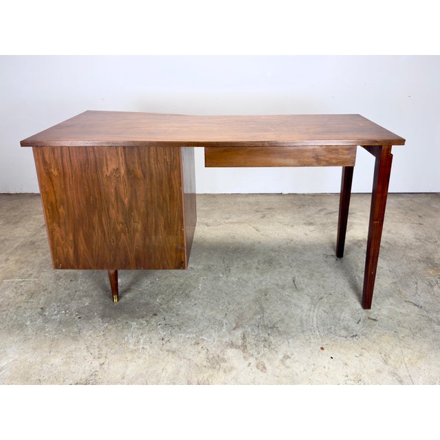 Mid Century Modern Walnut Tambour Door Writing Desk & Chair Trapezoidal Top For Sale - Image 9 of 12