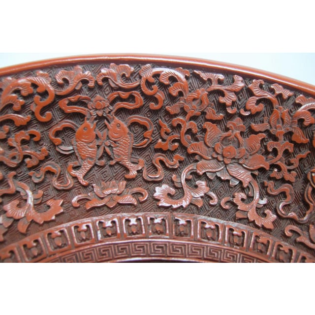 Chinese Carved Cinnabar Red Lacquer Lotus Bat Fish Design 11 1/4" Charger Plate For Sale - Image 10 of 14