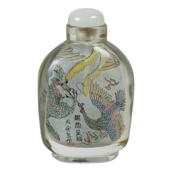 Chinese Snuff Bottle in Glass with Dragon and Phoenix For Sale