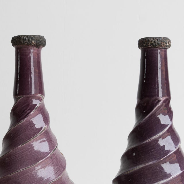 Pair of Vintage Twisted Violet Glazed Terracotta Pottery Vases, Mid 20th Century For Sale - Image 9 of 13