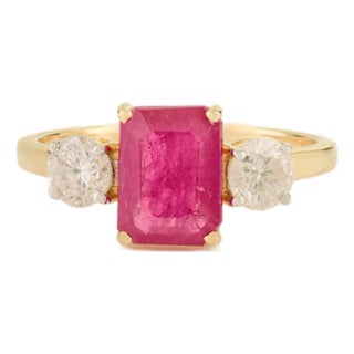 1900s Inspired 1.48 Ct Emerald-Cut 14k Gold Ruby Three Stone Ring With Diamonds, Size 7 For Sale