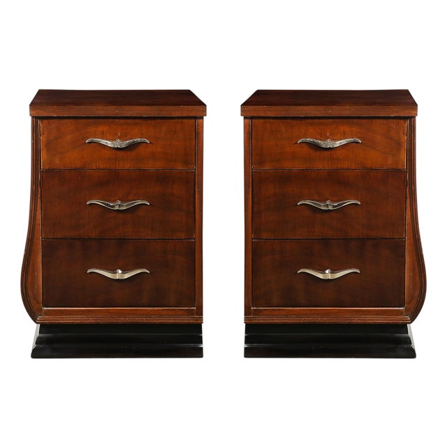 Pair of Art Deco Walnut & Black Lacquer Nightstands by Grosfeld House For Sale