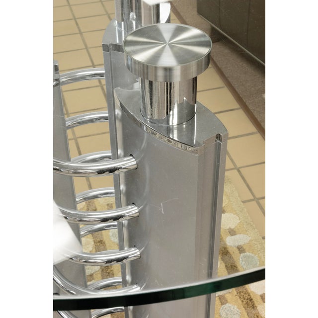 1980s Post Modern Round Glass and Metal Hightop Accent Table With Chrome Detailing For Sale - Image 5 of 6
