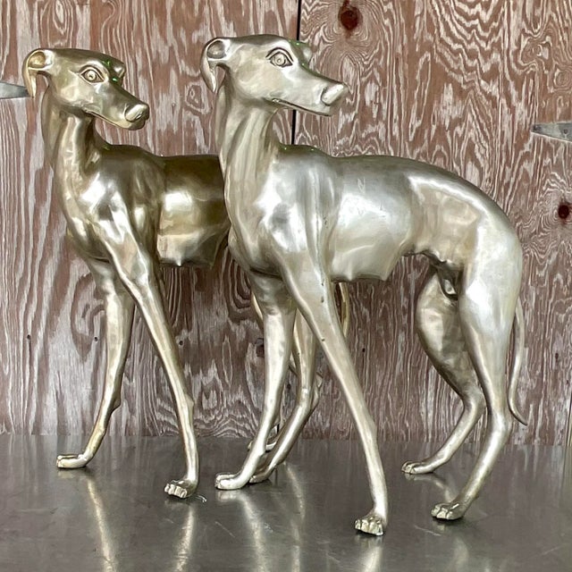 Silver Vintage Boho Monumental White Brass Standing Dogs - a Pair For Sale - Image 8 of 10