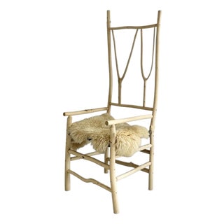 Tall Artist-Made Studio Craft Twig Chair + Woven Checkerboard Seat + Sheepskin For Sale