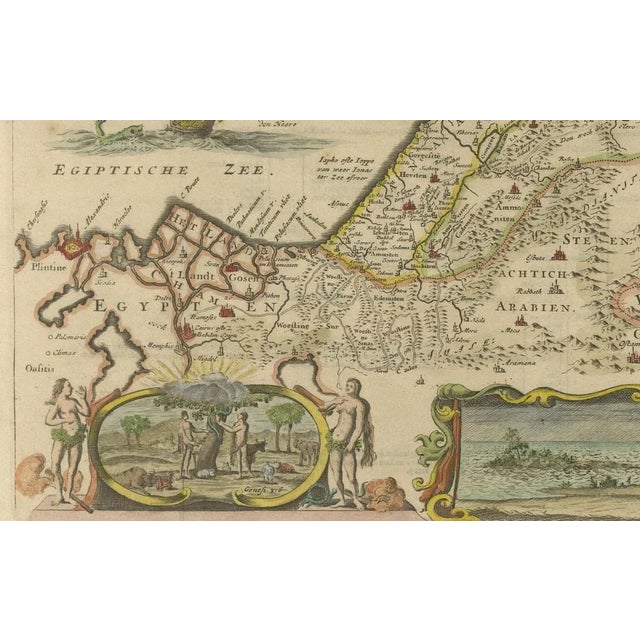 Circa 1686 Daniel Stoopendaal Map: Biblical Sites from Paradise to Canaan This circa 1686 hand-colored map by Daniel...