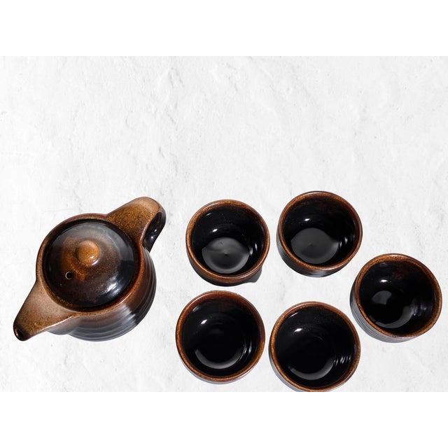 Vintage Japanese Stoneware Tea Service in Smoky Tenmoku Glaze — Set of 6 For Sale - Image 10 of 12