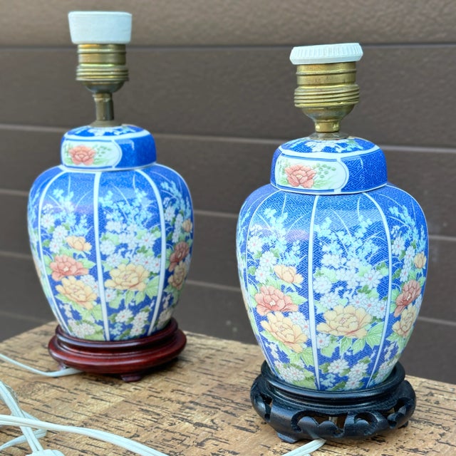 Vintage Petite Chinese Porcelain Ginger Jar Table Lamps in Blue & White Floral Motif - a Pair For Sale - Image 10 of 12