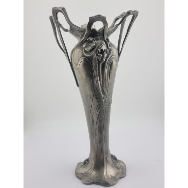 Antique Pewter Art Nouveau Vase Tin Woman Flowers For Sale - Image 5 of 16