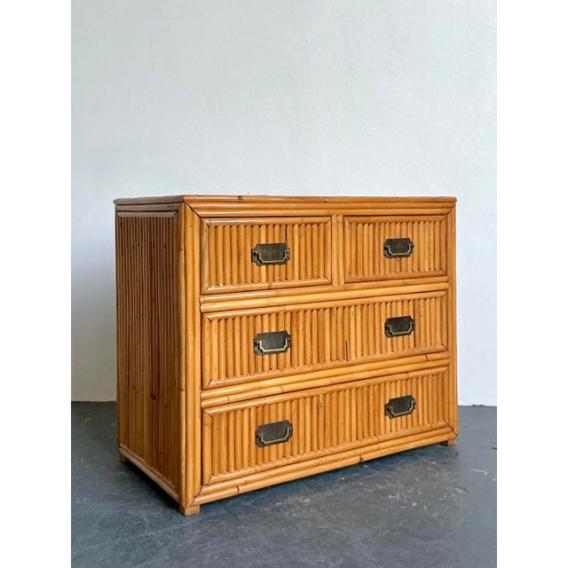 This striking vintage chest of drawers epitomizes the Organic Modern and Hollywood Regency movements of the late 20th...
