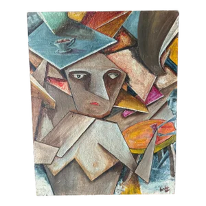 Mid Century Cubist Geometric Face Oil Painting With Artist Name Farkas